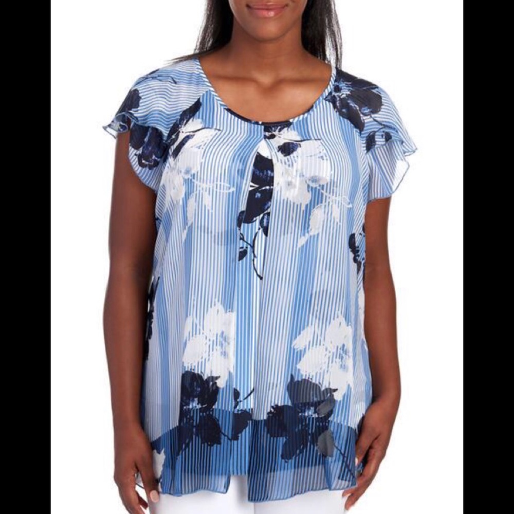 Women's Plus Size Floral Stripe Split Front Top
